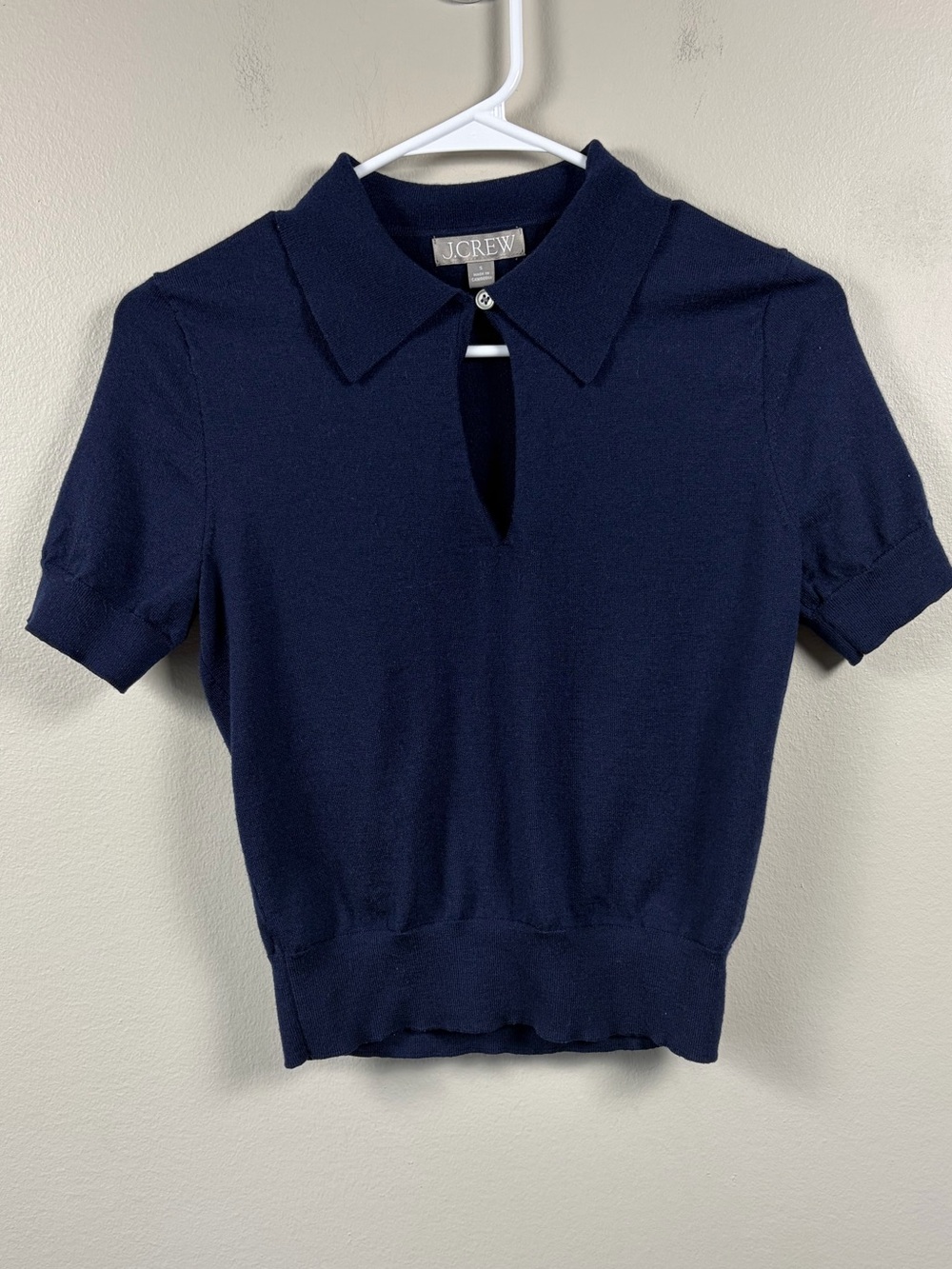 J.Crew Short-sleeve Keyhole Sweater In Merino Wool Blend Navy Small